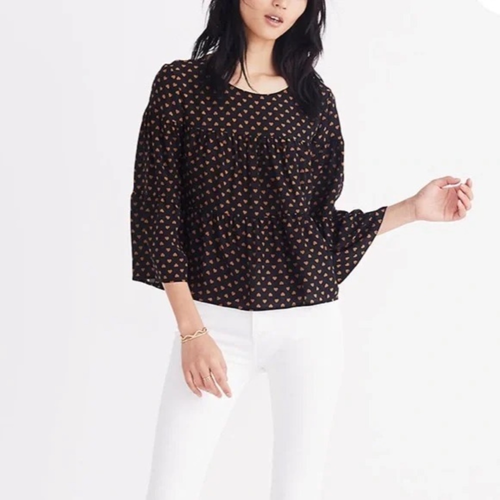 Madewell Silk Tiered Button-Back Top in Heart Flip
